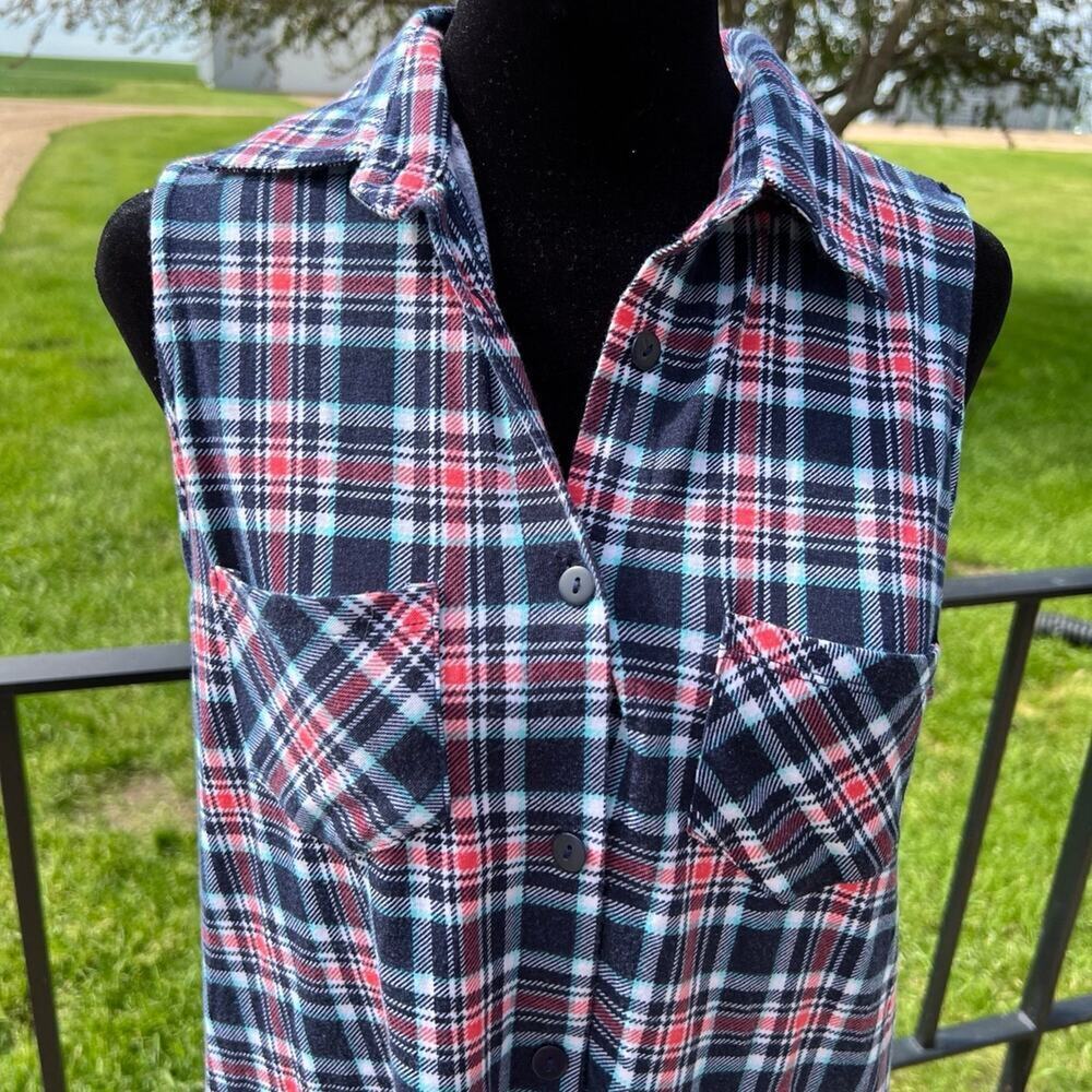 M Fasis Sleeveless Plaid Top Lace Shoulder Button Up, Women's size M
